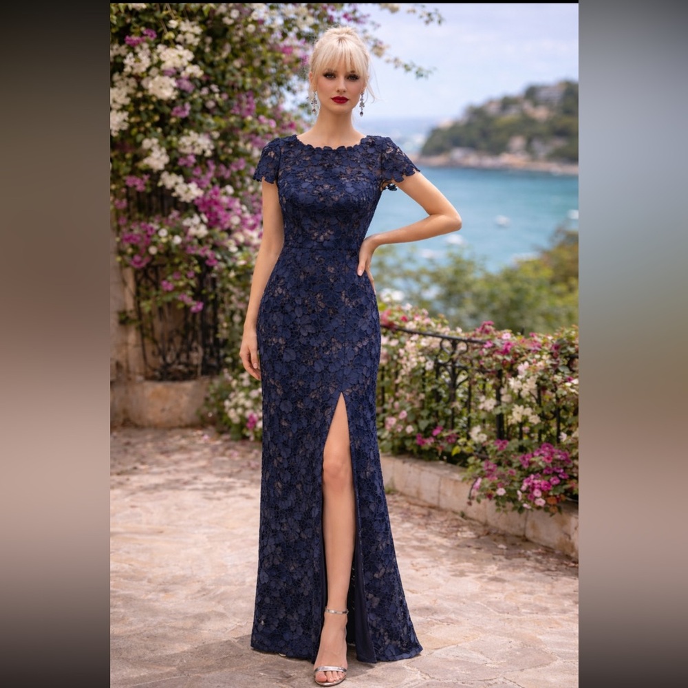 Aidan Mattox Navy Floral Lace short sleeve Maxi Dress with Side Slit